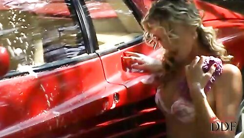 Blonde cutie washing a Ferrari